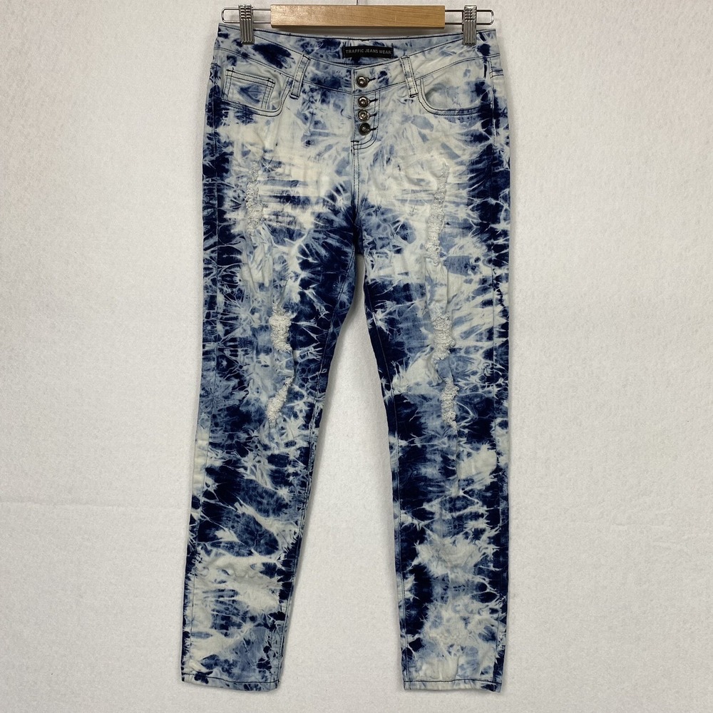 Traffic Jeans Wear Women 7 Skinny Jeans Multicolor Tie Dye Distressed Button Fly